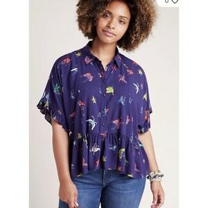 Maeve Mallory Navy Ruffled Blouse size XS Butterflies Gauzy Twee‎